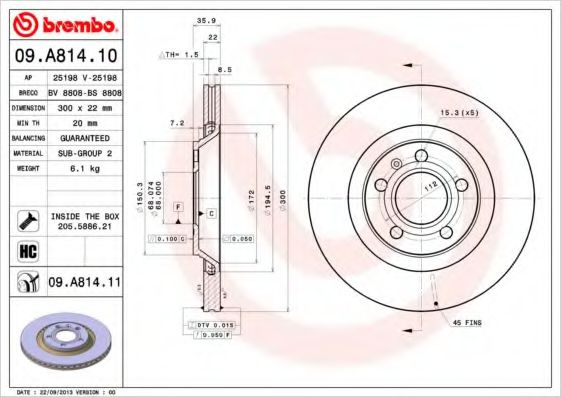 Disc frana AUDI A4 (8E2, B6) (2000 - 2004) BREMBO 09.A814.11 piesa NOUA