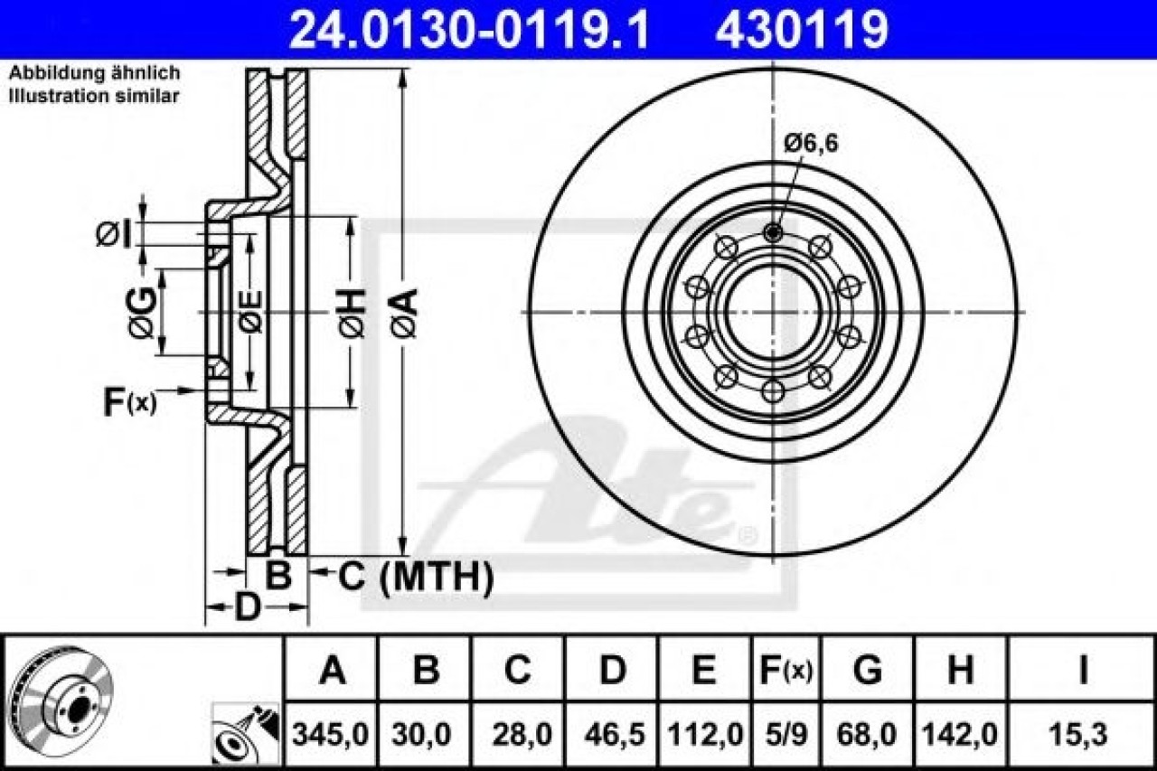 Disc frana AUDI A4 (8EC, B7) (2004 - 2008) ATE 24.0130-0119.1 piesa NOUA