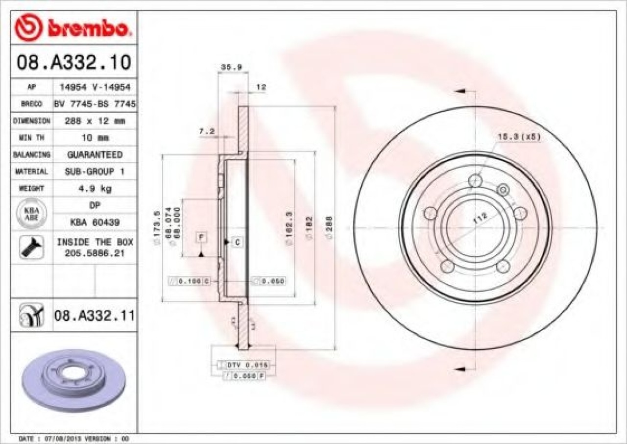 Disc frana AUDI A4 (8EC, B7) (2004 - 2008) BREMBO 08.A332.11 piesa NOUA