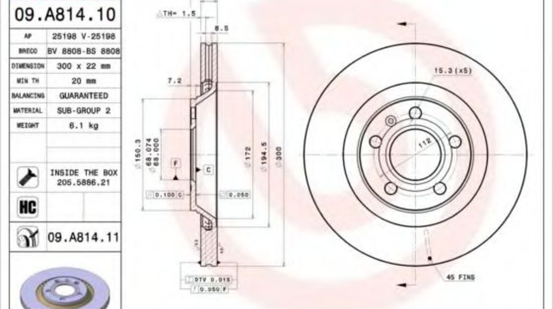 Disc frana AUDI A4 (8EC, B7) (2004 - 2008) BREMBO 09.A814.11 piesa NOUA