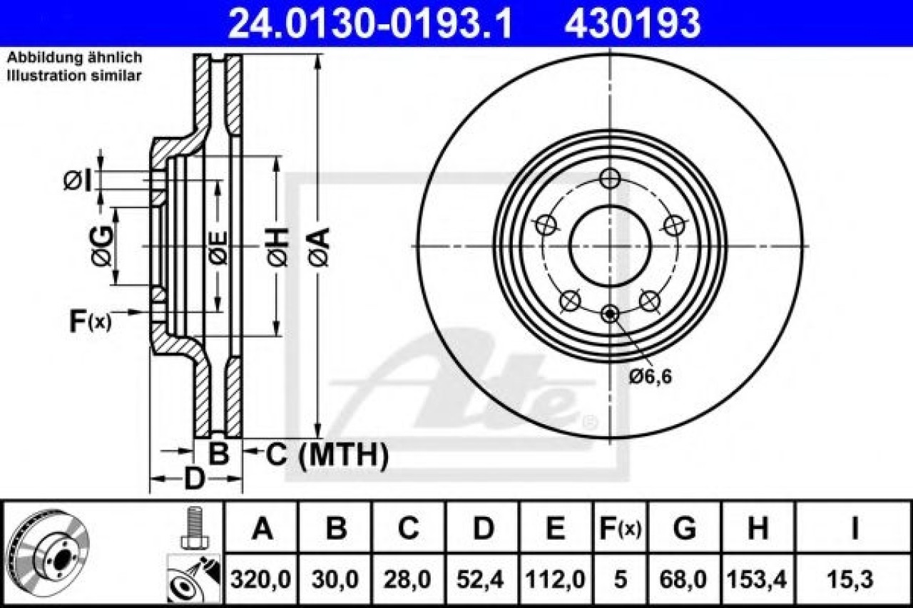 Disc frana AUDI A4 (8K2, B8) (2007 - 2015) ATE 24.0130-0193.1 piesa NOUA