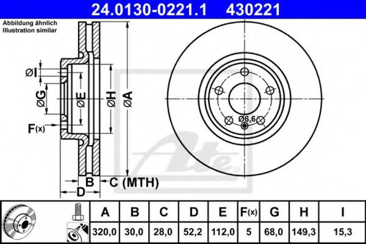 Disc frana AUDI A4 (8K2, B8) (2007 - 2015) ATE 24.0130-0221.1 piesa NOUA