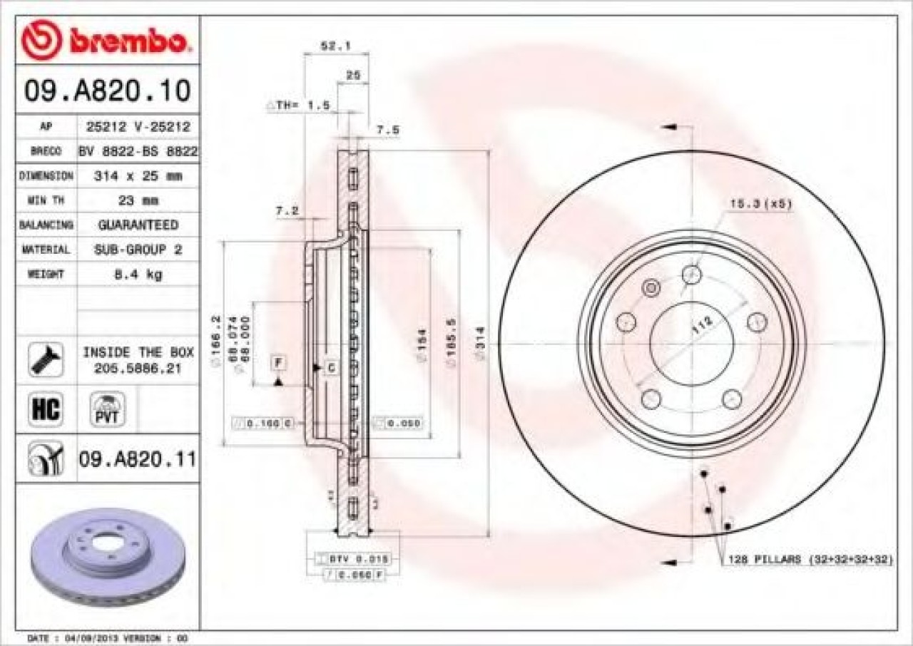 Disc frana AUDI A4 Allroad (8KH, B8) (2009 - 2016) BREMBO 09.A820.11 piesa NOUA