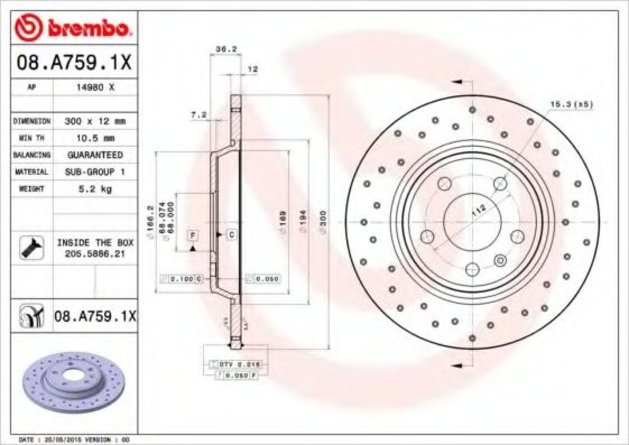 Disc frana AUDI A4 Allroad (8KH, B8) (2009 - 2016) BREMBO 08.A759.1X piesa NOUA