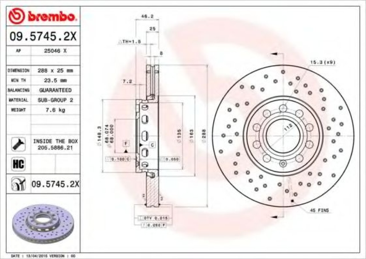 Disc frana AUDI A4 Avant (8D5, B5) (1994 - 2001) BREMBO 09.5745.2X piesa NOUA