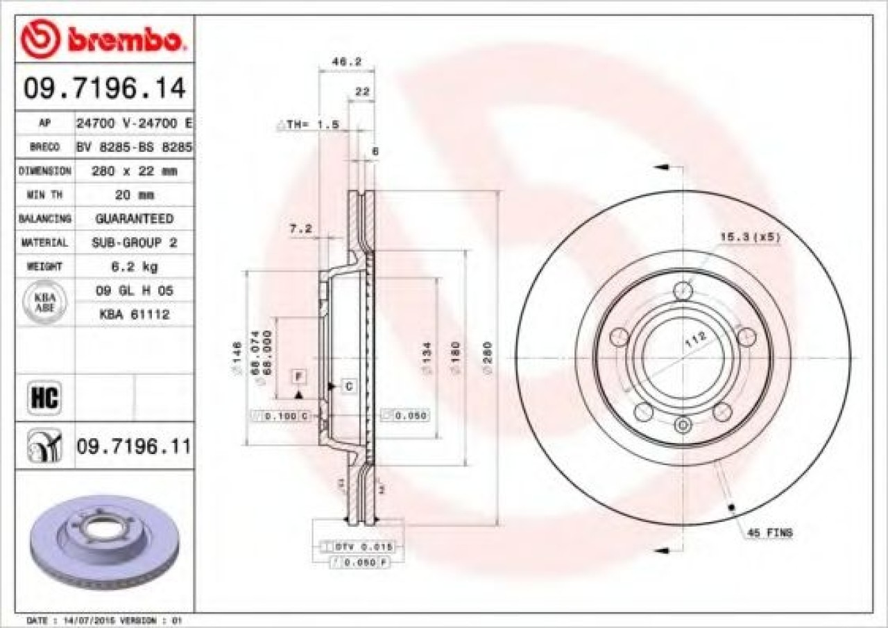 Disc frana AUDI A4 Avant (8D5, B5) (1994 - 2001) BREMBO 09.7196.11 piesa NOUA