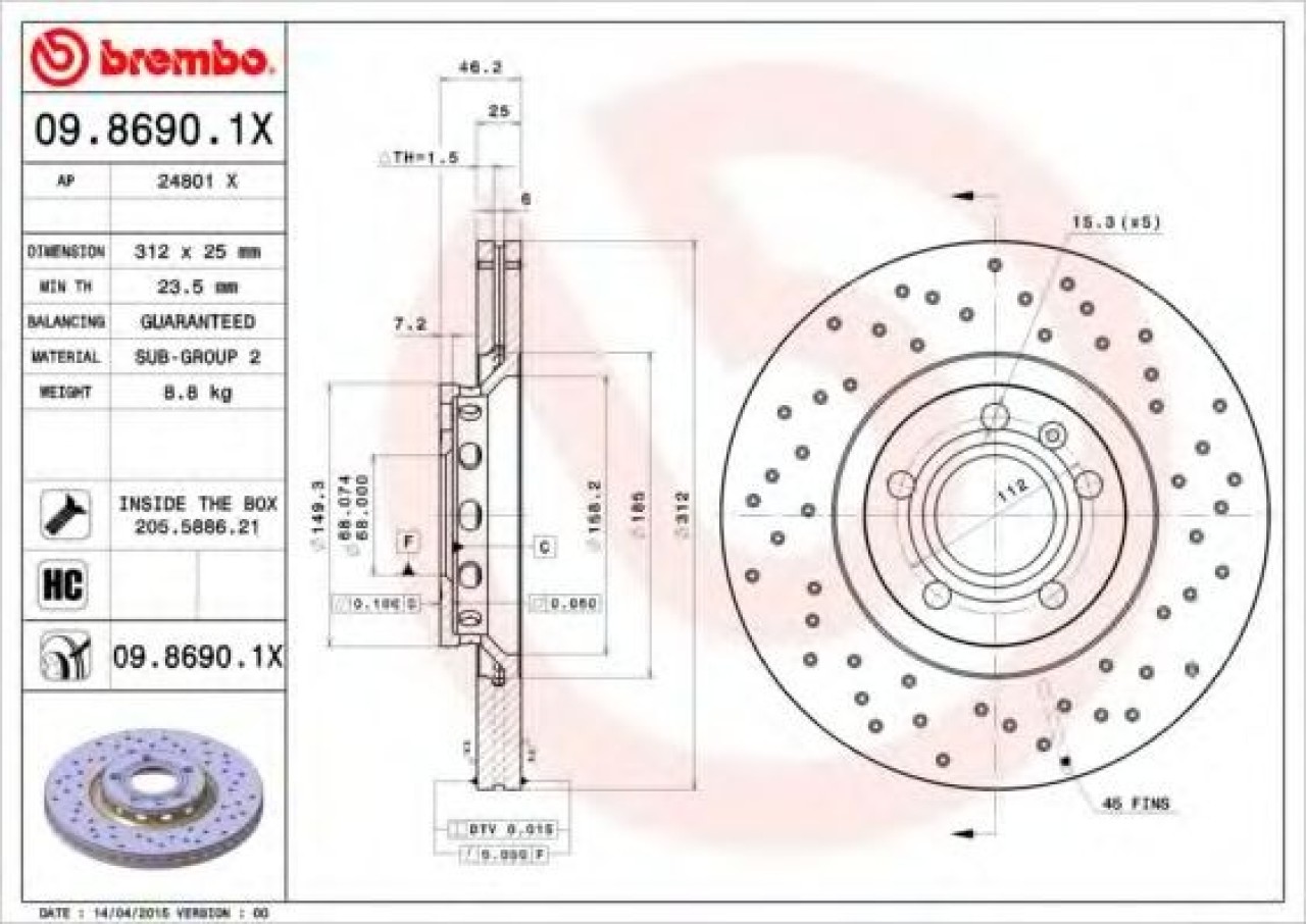 Disc frana AUDI A4 Avant (8E5, B6) (2001 - 2004) BREMBO 09.8690.1X piesa NOUA