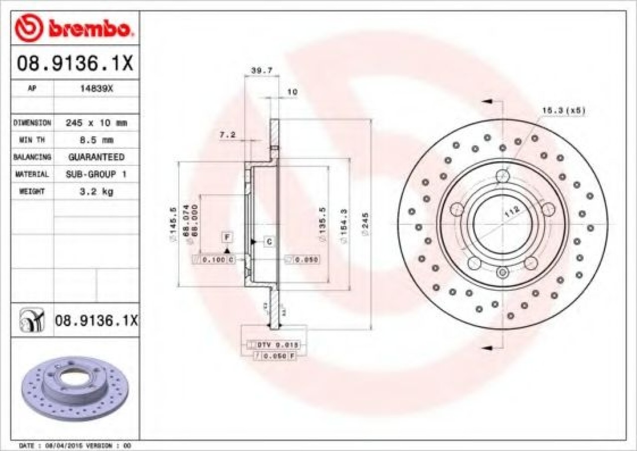 Disc frana AUDI A4 Avant (8E5, B6) (2001 - 2004) BREMBO 08.9136.1X piesa NOUA