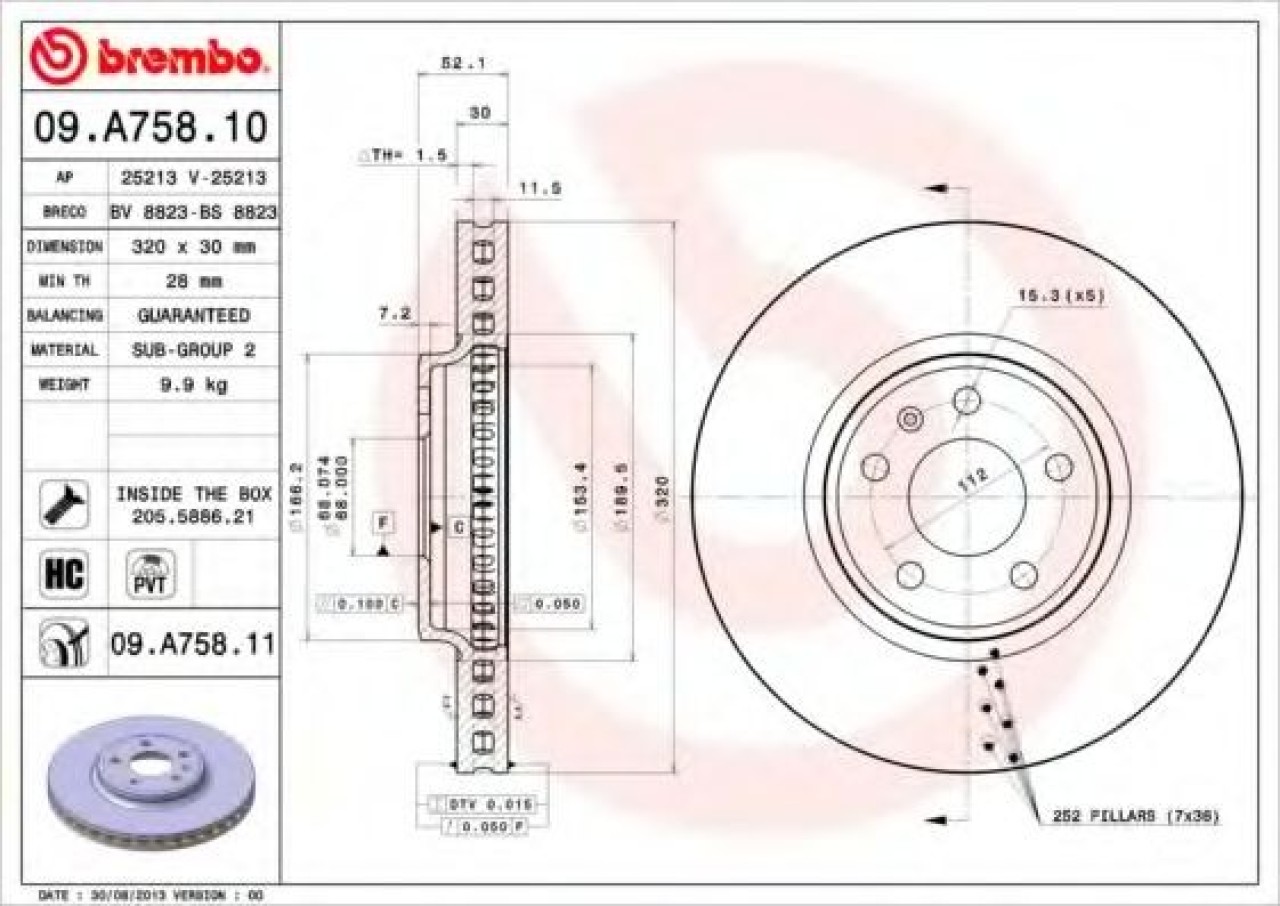 Disc frana AUDI A4 Avant (8K5, B8) (2007 - 2015) BREMBO 09.A758.11 piesa NOUA