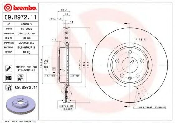 Disc frana AUDI A4 Avant (8K5, B8) (2007 - 2015) BREMBO 09.B972.11 piesa NOUA