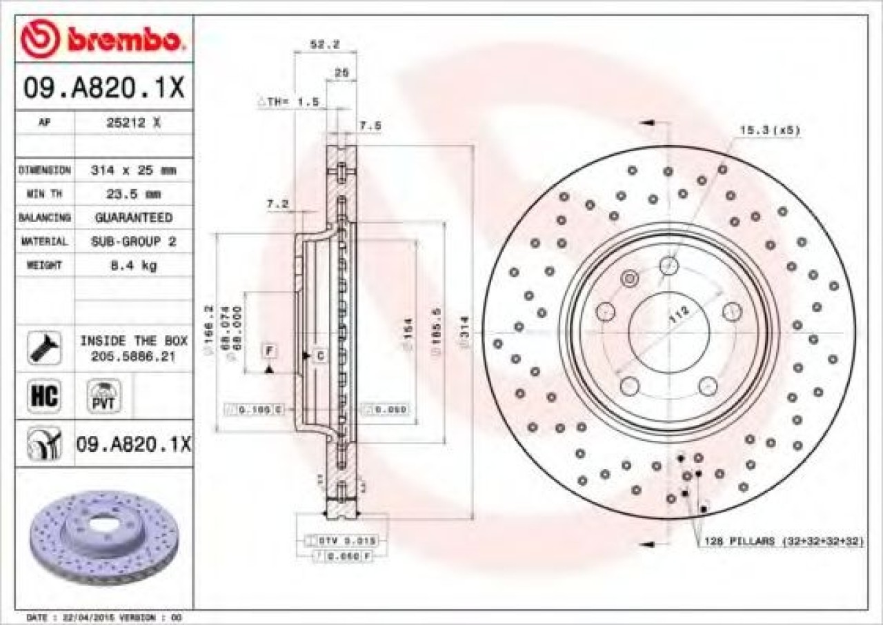 Disc frana AUDI A4 Avant (8K5, B8) (2007 - 2015) BREMBO 09.A820.1X piesa NOUA