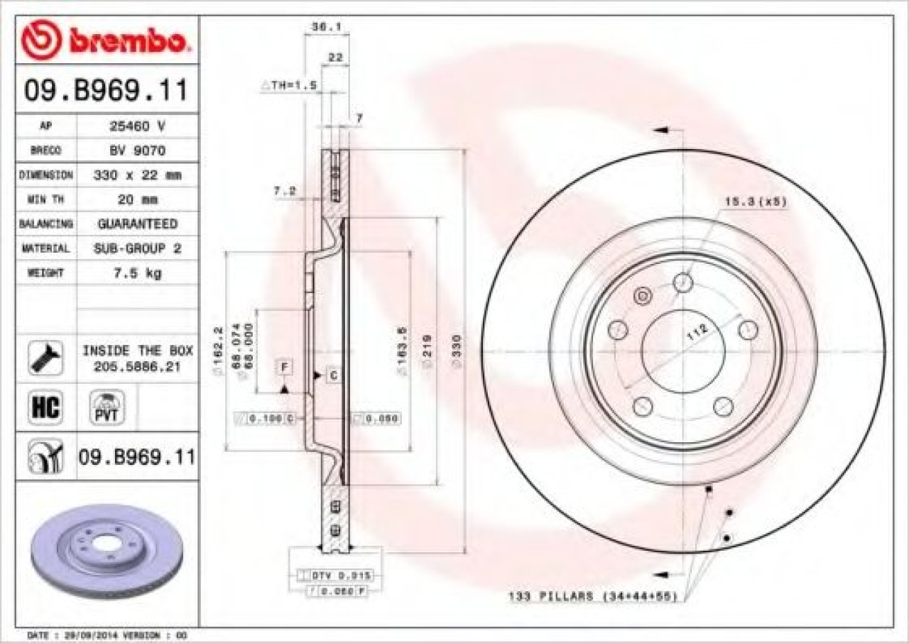 Disc frana AUDI A4 Avant (8K5, B8) (2007 - 2015) BREMBO 09.B969.11 piesa NOUA