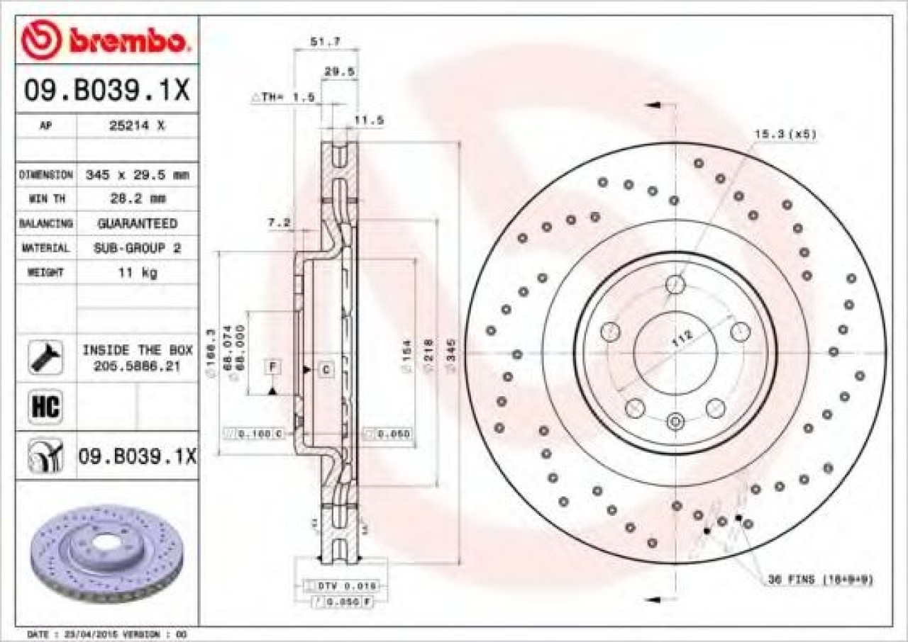 Disc frana AUDI A4 Avant (8K5, B8) (2007 - 2015) BREMBO 09.B039.1X piesa NOUA