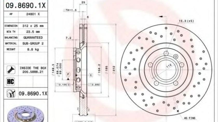 Disc frana AUDI A4 Cabriolet (8H7, B6, 8HE, B7) (2002 - 2009) BREMBO 09.8690.1X piesa NOUA