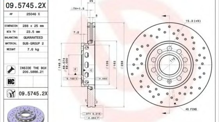 Disc frana AUDI A4 Cabriolet (8H7, B6, 8HE, B7) (2002 - 2009) BREMBO 09.5745.2X piesa NOUA