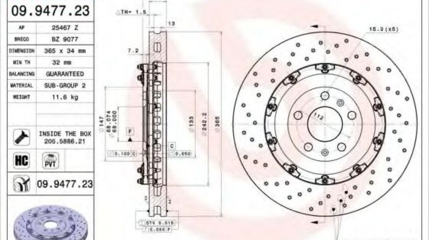 Disc frana AUDI A4 Cabriolet (8H7, B6, 8HE, B7) (2002 - 2009) BREMBO 09.9477.23 piesa NOUA