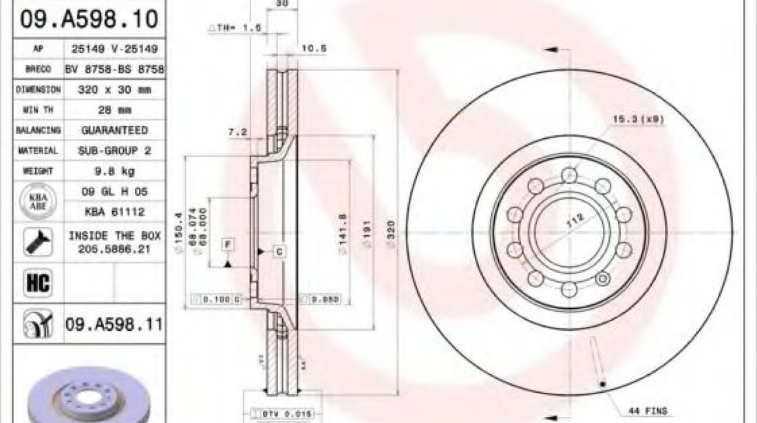 Disc frana AUDI A4 Cabriolet (8H7, B6, 8HE, B7) (2002 - 2009) BREMBO 09.A598.11 piesa NOUA