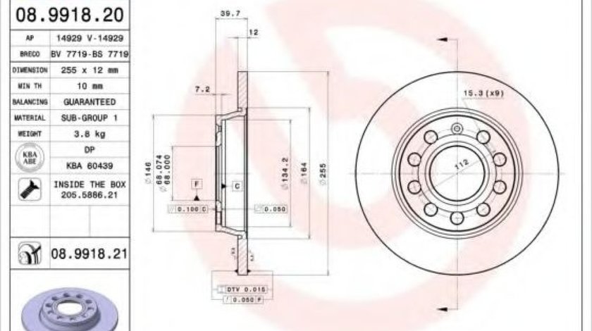 Disc frana AUDI A4 Cabriolet (8H7, B6, 8HE, B7) (2002 - 2009) BREMBO 08.9918.20 - produs NOU