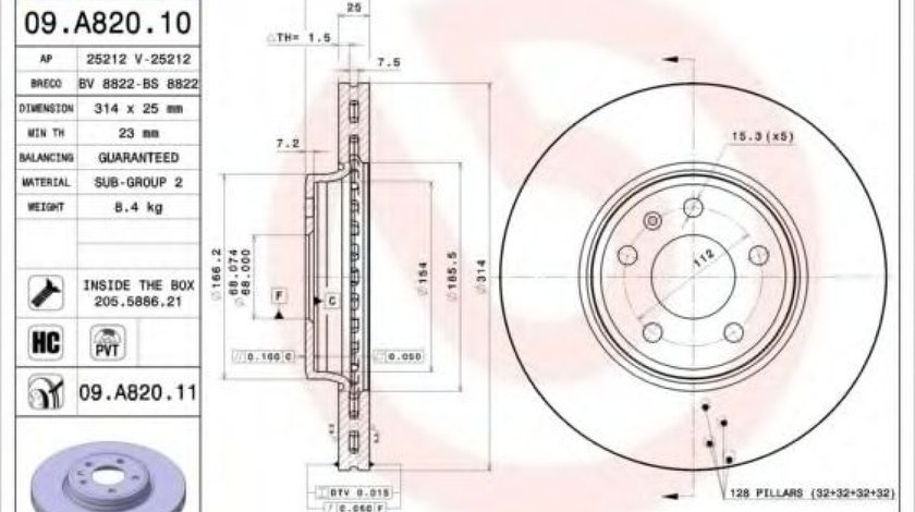 Disc frana AUDI A5 (8T3) (2007 - 2016) BREMBO 09.A820.10 - produs NOU