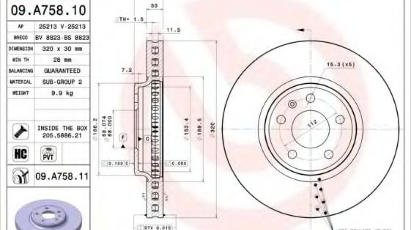 Disc frana AUDI A5 Cabriolet (8F7) (2009 - 2016) BREMBO 09.A758.10 - produs NOU