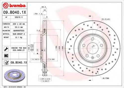 Disc frana AUDI A5 Cabriolet (8F7) (2009 - 2016) BREMBO 09.B040.1X piesa NOUA