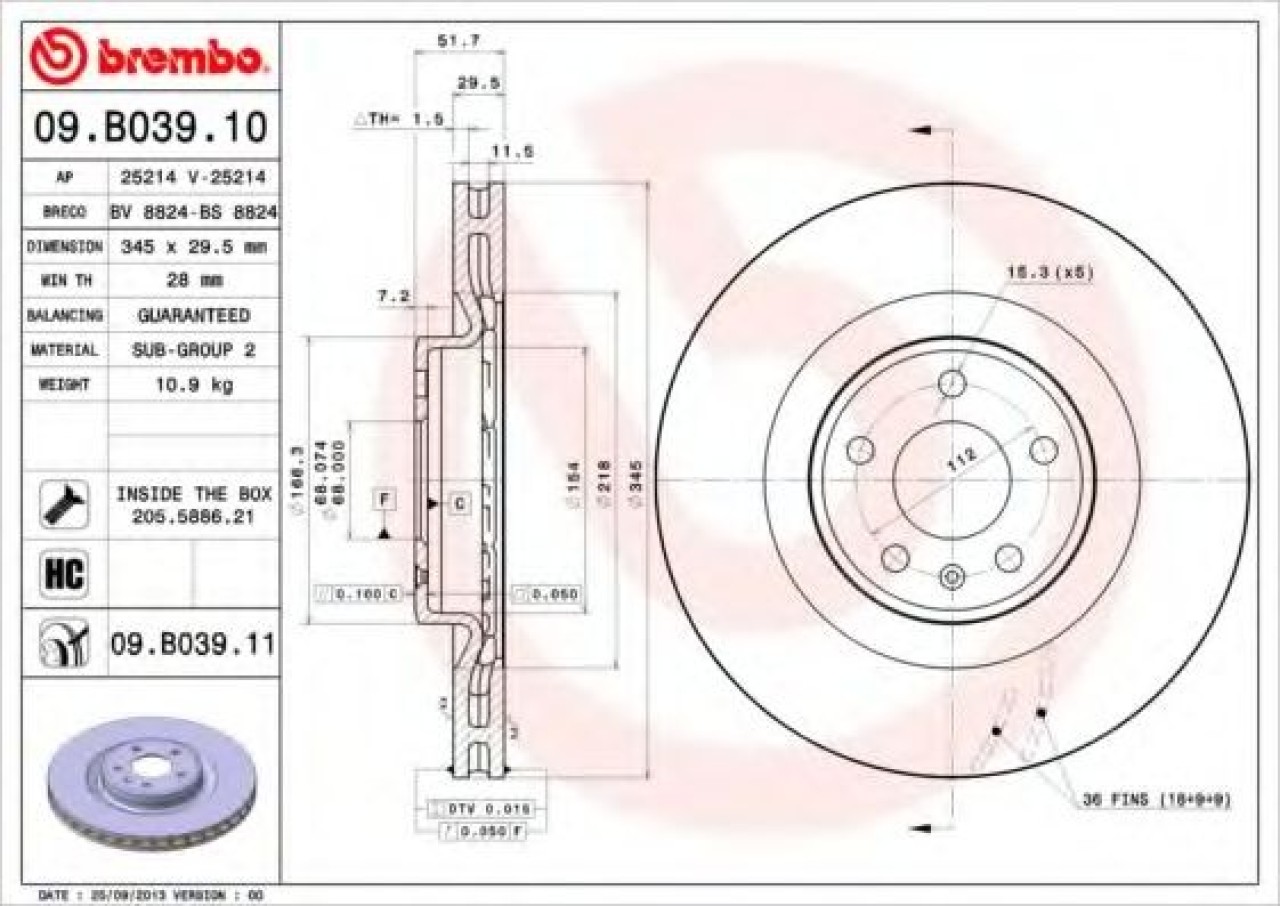 Disc frana AUDI A5 Sportback (8TA) (2009 - 2016) BREMBO 09.B039.11 piesa NOUA