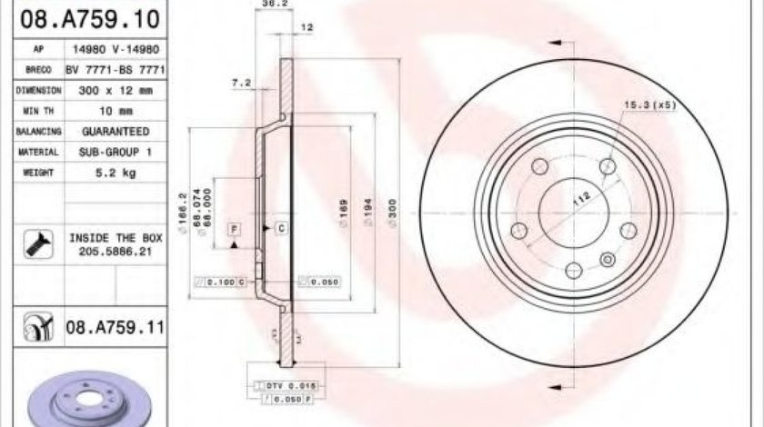 Disc frana AUDI A5 Sportback (8TA) (2009 - 2016) BREMBO 08.A759.11 - produs NOU
