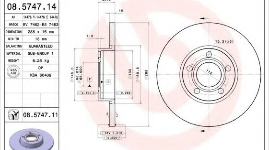 Disc frana AUDI A6 (4A, C4) (1994 - 1997) BREMBO 08.5747.14 piesa NOUA