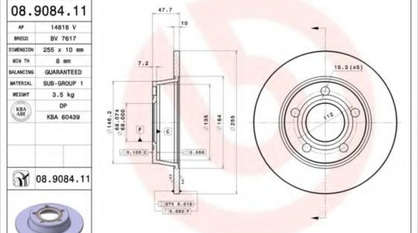 Disc frana AUDI A6 (4B2, C5) (1997 - 2005) BREMBO 08.9084.11 piesa NOUA