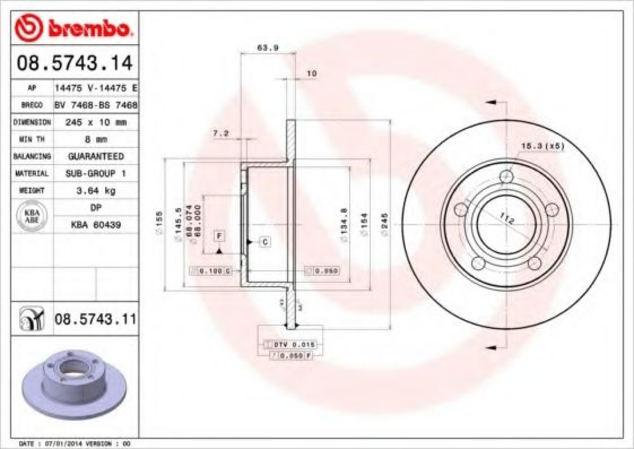 Disc frana AUDI A6 (4B2, C5) (1997 - 2005) BREMBO 08.5743.11 piesa NOUA