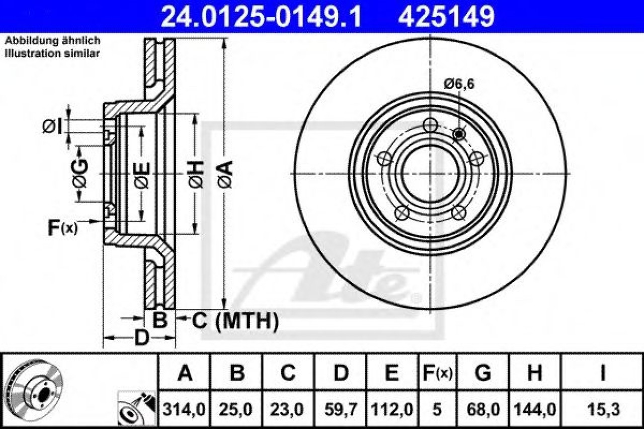 Disc frana AUDI A6 (4F2, C6) (2004 - 2011) ATE 24.0125-0149.1 piesa NOUA