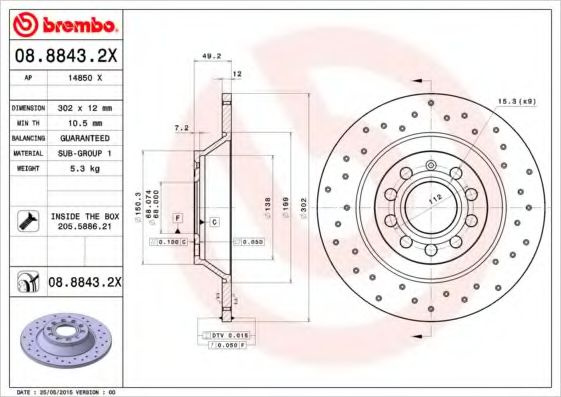 Disc frana AUDI A6 (4F2, C6) (2004 - 2011) BREMBO 08.8843.2X piesa NOUA