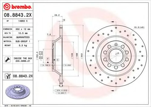 Disc frana AUDI A6 (4F2, C6) (2004 - 2011) BREMBO 08.8843.2X piesa NOUA