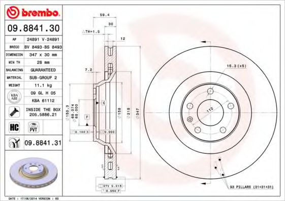 Disc frana AUDI A6 (4F2, C6) (2004 - 2011) BREMBO 09.8841.31 piesa NOUA