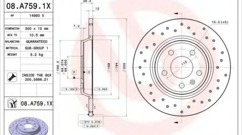 Disc frana AUDI A6 (4G2, C7, 4GC) (2010 - 2016) BREMBO 08.A759.1X piesa NOUA