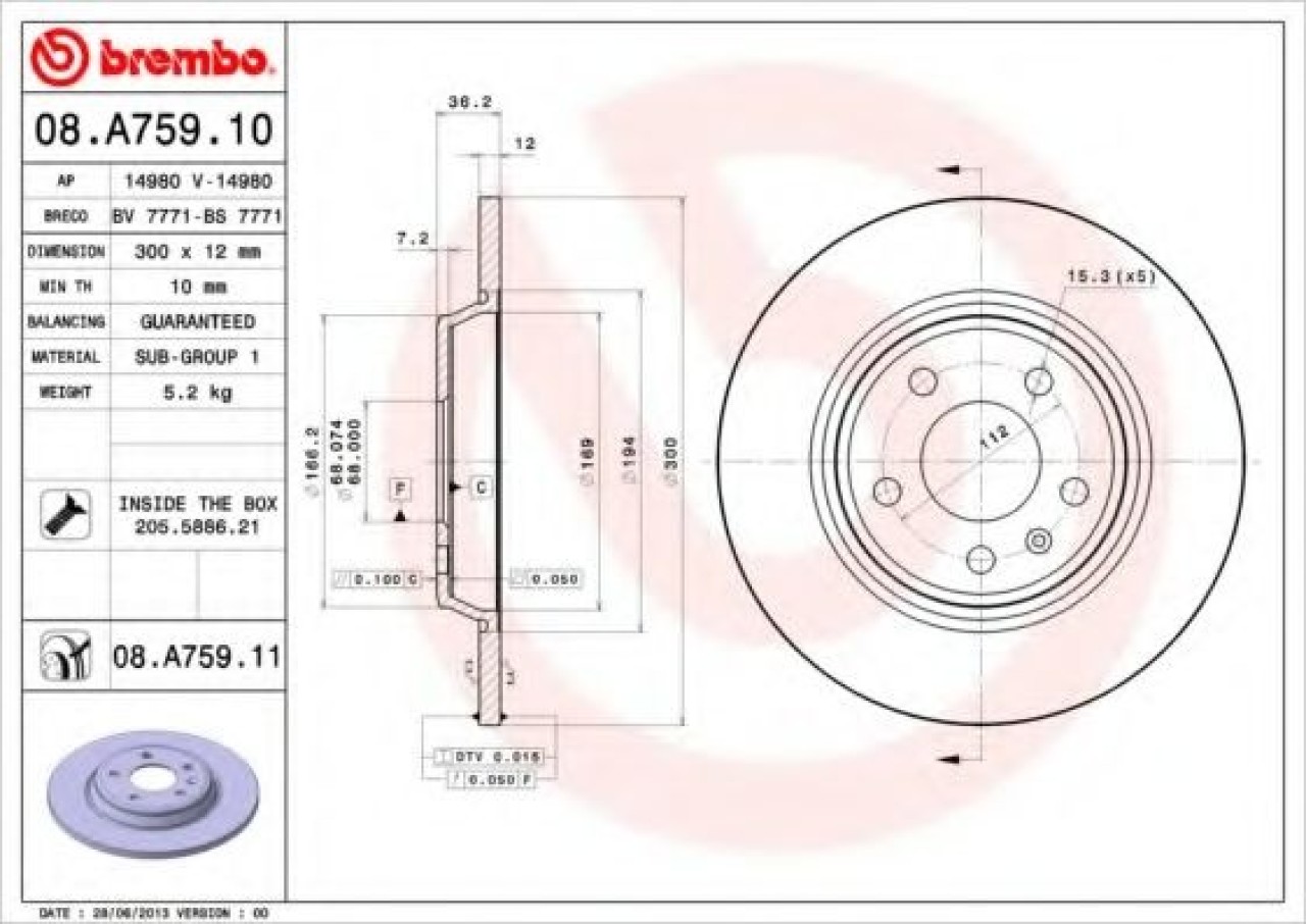 Disc frana AUDI A6 (4G2, C7, 4GC) (2010 - 2016) BREMBO 08.A759.11 piesa NOUA