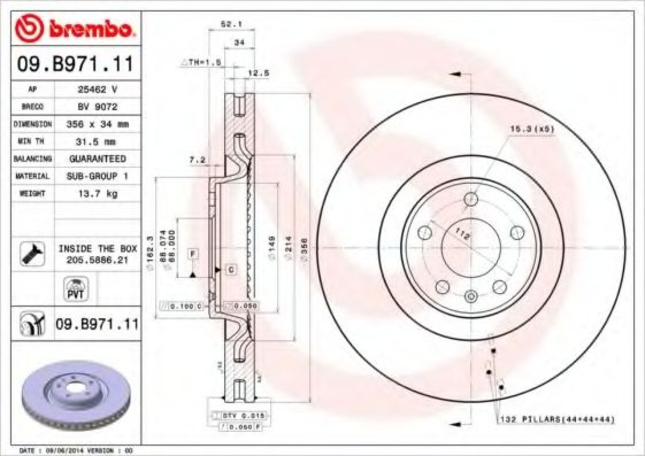 Disc frana AUDI A6 (4G2, C7, 4GC) (2010 - 2016) BREMBO 09.B971.11 piesa NOUA