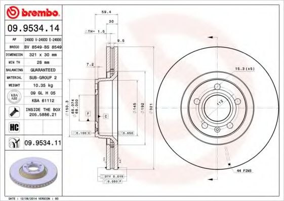 Disc frana AUDI A6 Allroad (4FH, C6) (2006 - 2011) BREMBO 09.9534.14 piesa NOUA