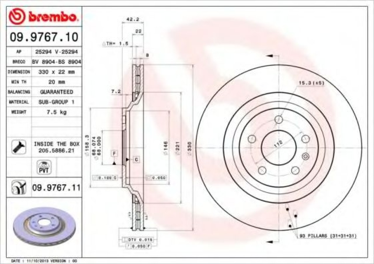Disc frana AUDI A6 Allroad (4FH, C6) (2006 - 2011) BREMBO 09.9767.11 piesa NOUA