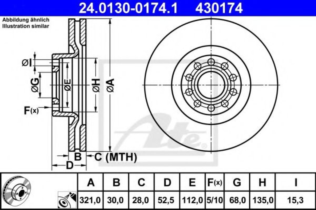 Disc frana AUDI A6 Avant (4B5, C5) (1997 - 2005) ATE 24.0130-0174.1 piesa NOUA