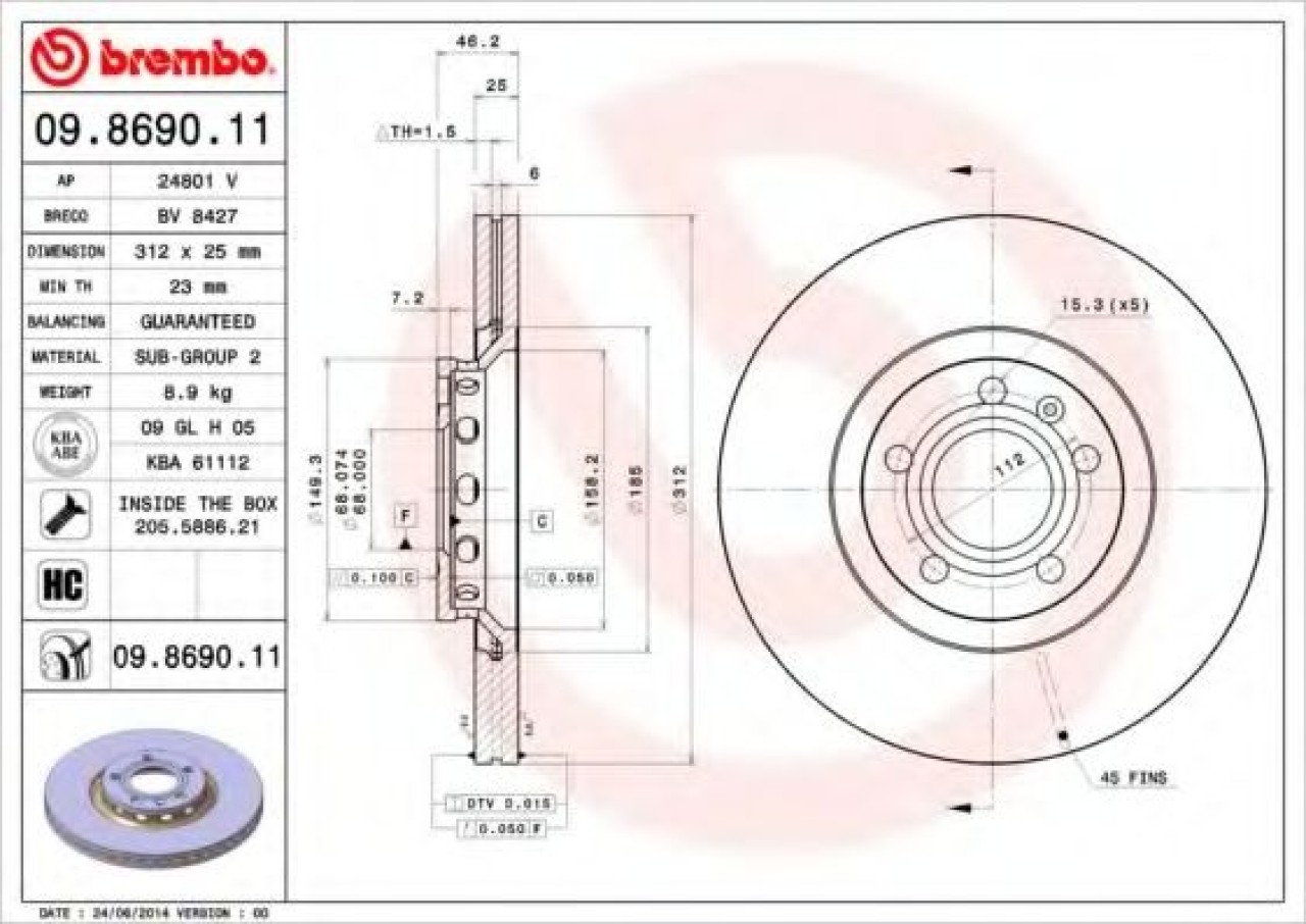 Disc frana AUDI A6 Avant (4B5, C5) (1997 - 2005) BREMBO 09.8690.11 piesa NOUA