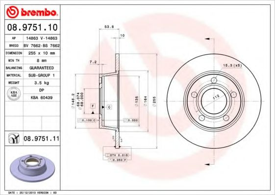 Disc frana AUDI A6 Avant (4B5, C5) (1997 - 2005) BREMBO 08.9751.11 piesa NOUA