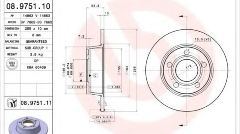 Disc frana AUDI A6 Avant (4B5, C5) (1997 - 2005) BREMBO 08.9751.11 piesa NOUA