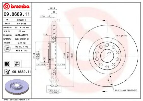 Disc frana AUDI A6 Avant (4B5, C5) (1997 - 2005) BREMBO 09.8689.11 piesa NOUA