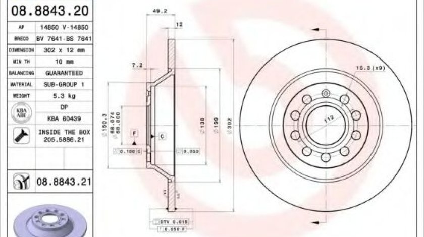 Disc frana AUDI A6 Avant (4F5, C6) (2005 - 2011) BREMBO 08.8843.21 piesa NOUA