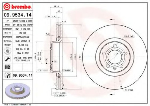 Disc frana AUDI A6 Avant (4F5, C6) (2005 - 2011) BREMBO 09.9534.14 piesa NOUA