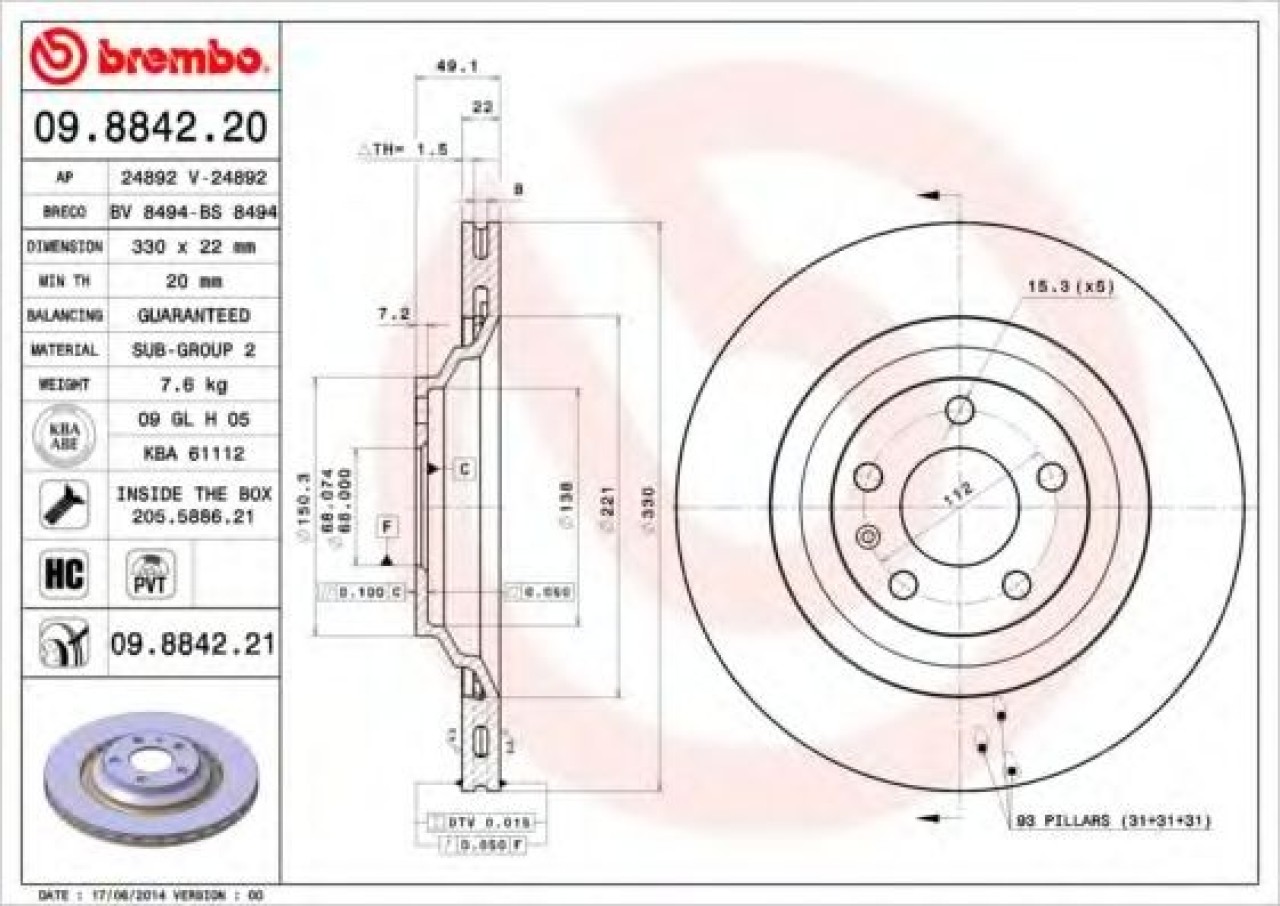 Disc frana AUDI A6 Avant (4F5, C6) (2005 - 2011) BREMBO 09.8842.21 piesa NOUA