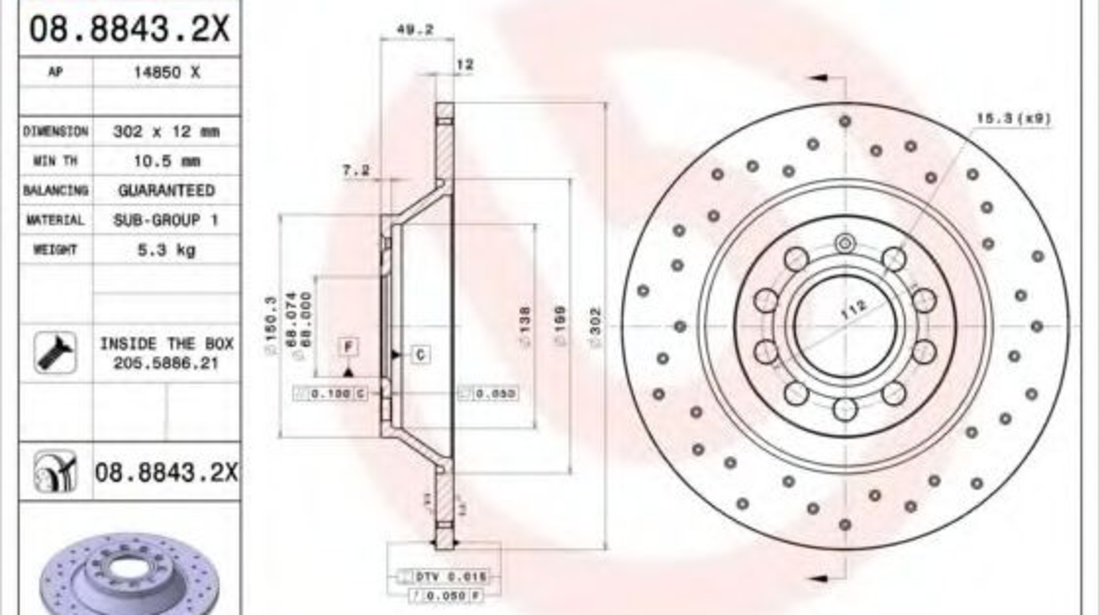 Disc frana AUDI A6 Avant (4F5, C6) (2005 - 2011) BREMBO 08.8843.2X piesa NOUA