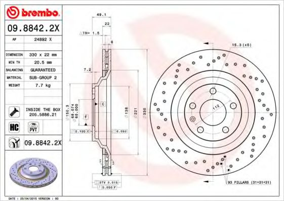 Disc frana AUDI A6 Avant (4F5, C6) (2005 - 2011) BREMBO 09.8842.2X piesa NOUA