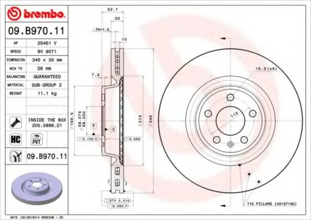 Disc frana AUDI A6 Avant (4G5, C7, 4GD) (2011 - 2016) BREMBO 09.B970.11 piesa NOUA